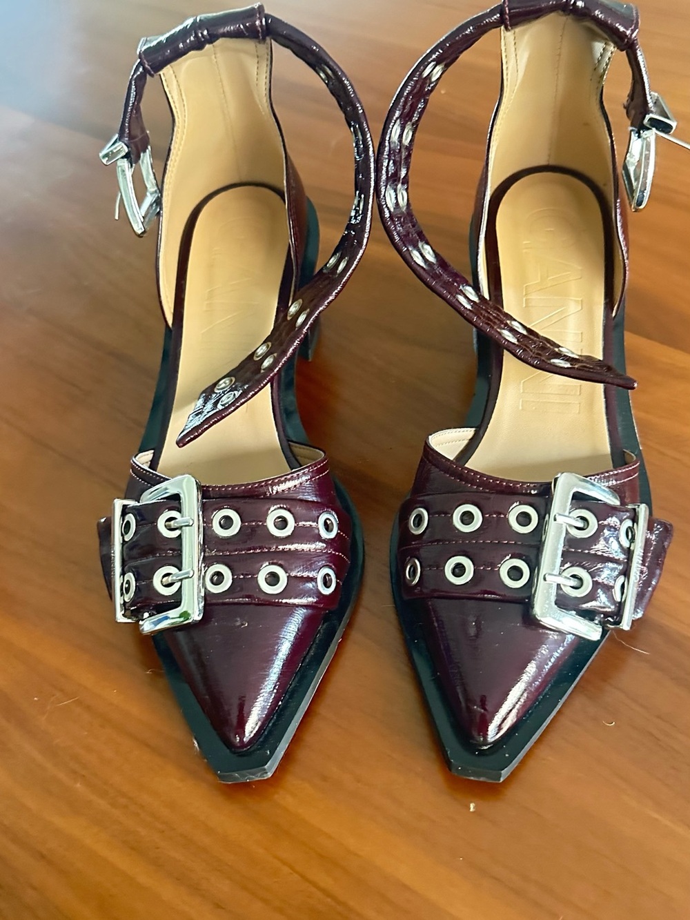 Ganni Burgundy Pointed Toe Ankle Strap Heels with Buckle - Picture 6 of 6
